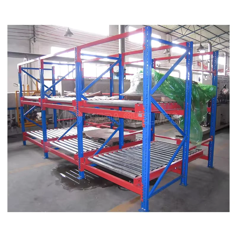 Gravity-Feed-Shelving-Steel-Pallet-Rack-Blue-and-Orange-Pallet-Gravity-Racking