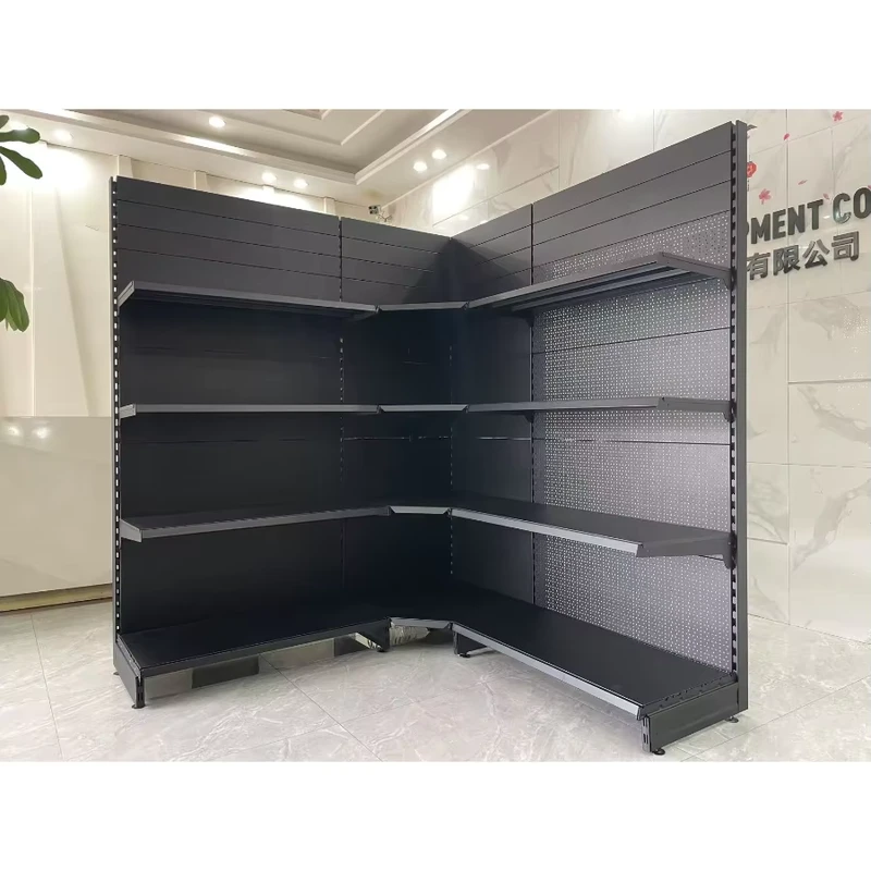 Heavy-Duty-Black-Metal-L-Shaped-Corner-Gondola-Shelves-4-Tier-Supermarket-Display-Rack-for-EU-Retail-Grocery-Stores